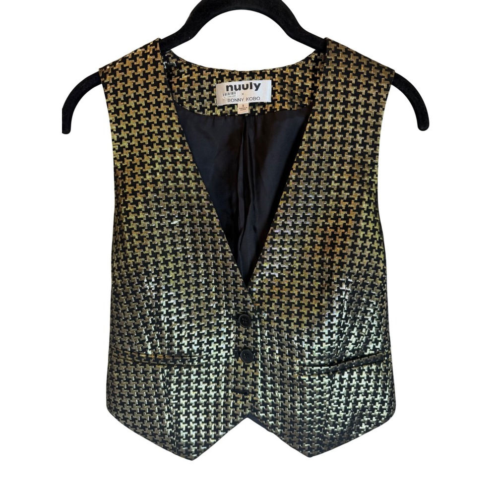 Nuuly x Ronny Kobo Gold Black Metallic Houndstooth Tailored Vest Small